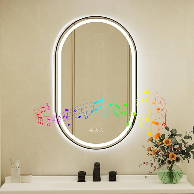 22x36 Inch Oval Black Framed LED Bathroom Mirror with Lights, Built-in Bluetooth Speaker,Tempered Glass,Dimmable Lighted Bathroom Vanity Mirror with 3 Colors, Backlit + Frontlit, Memory, Anti-Fog