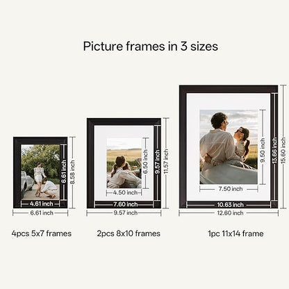 eletecpro Gallery Wall Frame Set of 7, Multiple Sizes Solid Wood Picture Frames Collage Wall Decor Including 1Pc 11x14, 2Pcs 8x10, 4Pcs 5x7 Photo Frames, Black