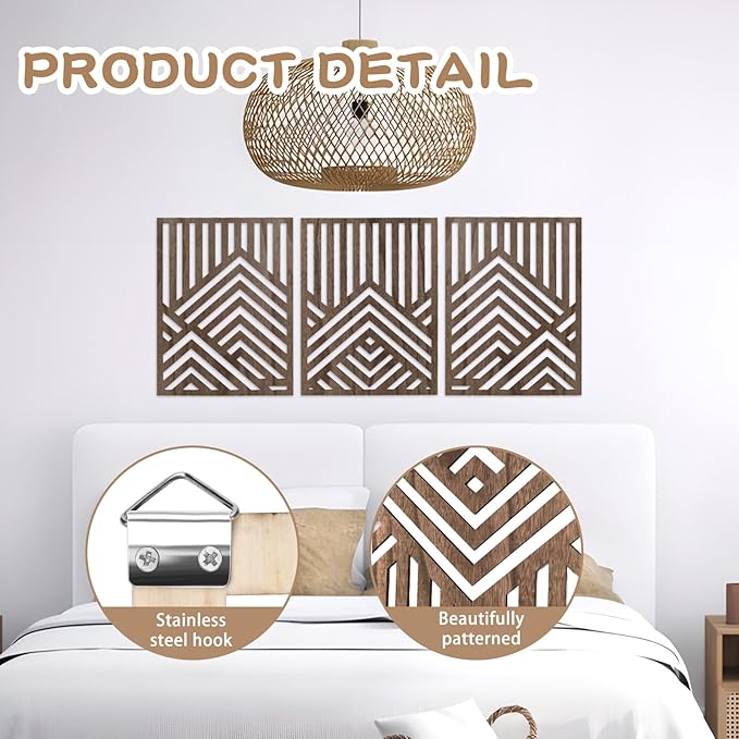 3PCS Wood Mountain Wall Art, Modern Wooden Panel Mountain Wall Decor, Decorative Forest Nature Abstract Line Minimalist Wall Art for Living Room Bedroom Farmhouse, 16.5x 12.5in (Dark brown)