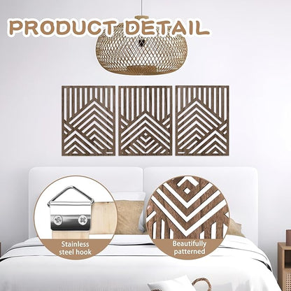 3PCS Wood Mountain Wall Art, Modern Wooden Panel Mountain Wall Decor, Decorative Forest Nature Abstract Line Minimalist Wall Art for Living Room Bedroom Farmhouse, 16.5x 12.5in (Dark brown)