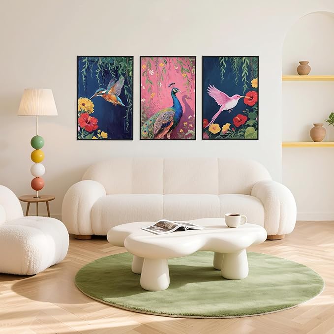 Aurlan Colorful Birds Flowers Framed Wall Art(16"x24"), 3PCS Large Classic Elegance Hummingbird Peacock Canvas Artwork, Vintage Abstract Watercolor Peony Floral Willow Decor for Home Office Bedroom