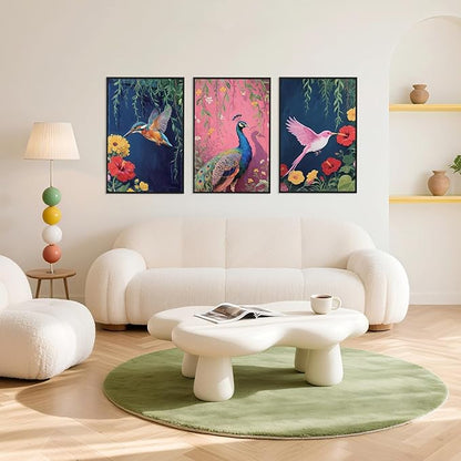 Aurlan Colorful Birds Flowers Framed Wall Art(16"x24"), 3PCS Large Classic Elegance Hummingbird Peacock Canvas Artwork, Vintage Abstract Watercolor Peony Floral Willow Decor for Home Office Bedroom