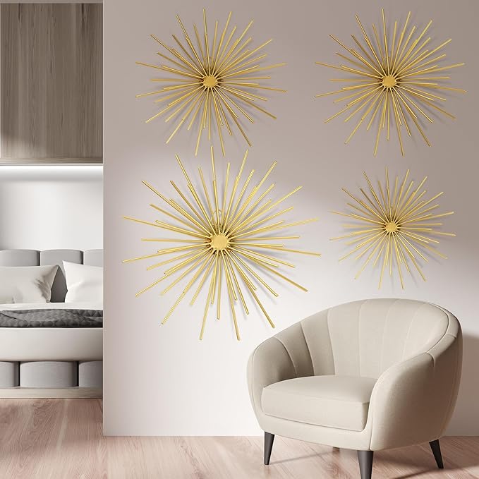 Shimeyao 4 Pcs Metal Starburst Wall Decor Gold Metal Wall Art 3D Spike Bling Finish Star Burst Hangings Accents Sculptures Set Modern Mid Century Decorations for Living Room Bedroom Entryway