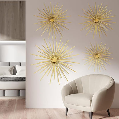 Shimeyao 4 Pcs Metal Starburst Wall Decor Gold Metal Wall Art 3D Spike Bling Finish Star Burst Hangings Accents Sculptures Set Modern Mid Century Decorations for Living Room Bedroom Entryway