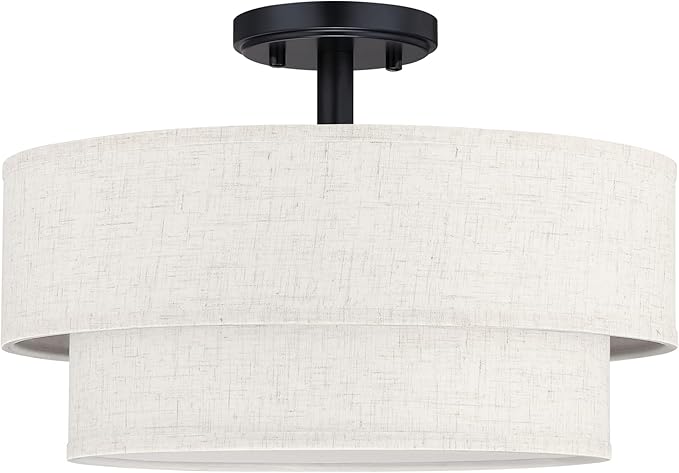 15 Inch LED 18W Adjustable 3000/4000/5000 Black Double Drum Linen Fabric Shade Semi Flush Mount Close to Ceiling Light Fixture for Bedroom,Living Room,Dining Room Hallway