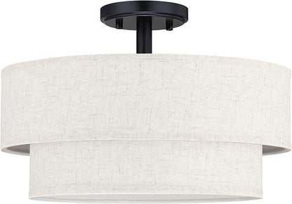 15 Inch LED 18W Adjustable 3000/4000/5000 Black Double Drum Linen Fabric Shade Semi Flush Mount Close to Ceiling Light Fixture for Bedroom,Living Room,Dining Room Hallway