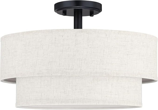 15 Inch LED 18W Adjustable 3000/4000/5000 Black Double Drum Linen Fabric Shade Semi Flush Mount Close to Ceiling Light Fixture for Bedroom,Living Room,Dining Room Hallway