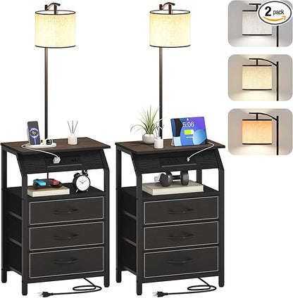 End Table with Floor Lamp Set of 2, Nightstand with Charging Station, Floor Lamp Table with 3-Color Temperature Bulb, Bedside Table Night Stand with 3 Drawers for Bedroom, Living Room, Black