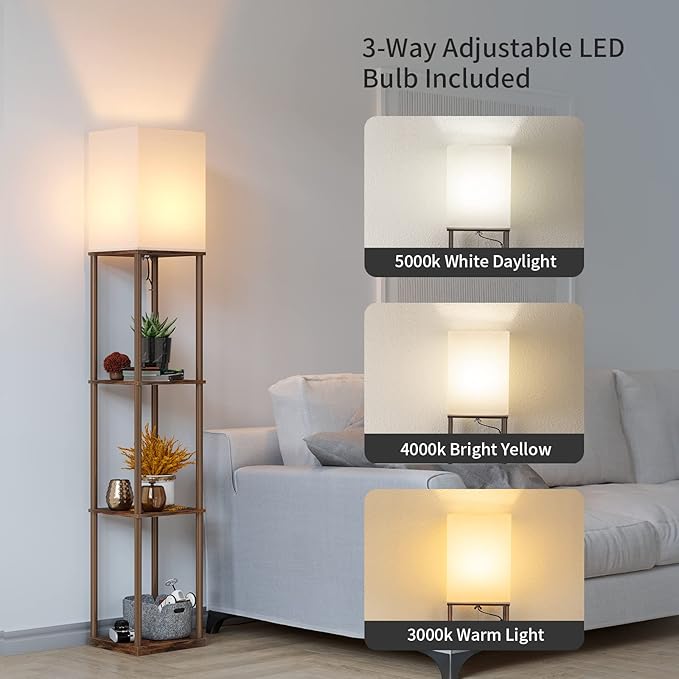 SUNMORY Floor Lamp with Shelves, Modern Square Standing Lamp with 3 Color Temperature Bulb, Corner Display Bookshelf Lamp for Living Room and Bedroom (Rustic Brown)