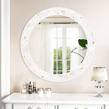 Tanmicoshomy Round Wall Mirror 24 Inch,Circle Mosaic Mirror with Natural Mother of Pearl and Wood Frame, Decorative Coastal Round Wall Mirror for Bathroom Bedroom Living Room Entryway