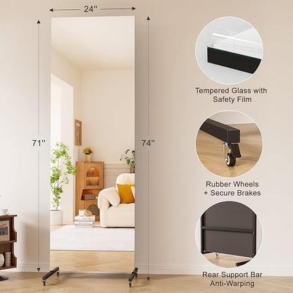 brisafe 71" x 24" Full Length Rolling Floor Mirror on Lockable Wheels, Rectangular Shatter-Resistant Safety Glass, for Home Dance Studio & Yoga, Black Metal Frame and Stand