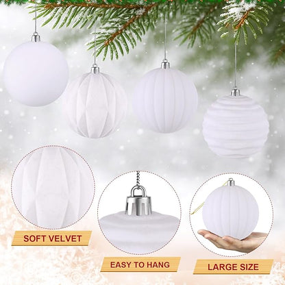 Liliful 12 Pcs Velvet Christmas Ornaments Balls, 4 Inch Flocked Plastic Christmas Tree Ball Shatterproof Hanging Ornaments Decorations for Xmas Tree Vintage Holiday Rustic Home Decor(White)