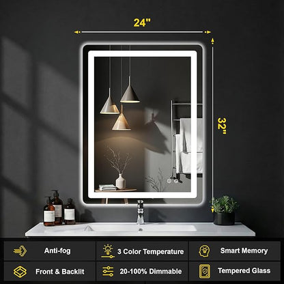 LED Bathroom Mirror with Lights - Anti-Fog, Dimmable, Backlit+Frontlit, 3 Color Light - 24"x32" Lighted Vanity Mirrors for Wall, Shatterproof Tempered Glass, Memory Function