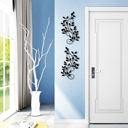 ESTART 2 Pieces Metal Tree Leaf Wall Decor Vine Olive Branch Leaf Wall Art Wrought Iron Scroll Sculptures for Above the Bed, Living Room, Bathroom, Hallway, Office, Outdoor Decoration (Black)