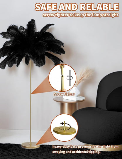 Feather Floor Lamp,Fluffy Ostrich Feather Floor Lamp for Bedroom,3 Color Temperatures Led Corner Modern Floor Lamps for Living Room Christmas Home Decor House Warming Gifts,63″ Height (Black)