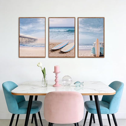 KAlRNE Coastal Seascape Wall Art Set of 3(24”X36”),Modern Ocean Beach Wall Decor,Seaside Holiday Surfboard Framed Canvas Paintings,Vintage Bridge Blue Bus Art Prints For Living Room Bedroom Office