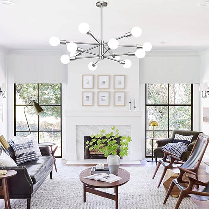 10.9"-52.3" Height Adjustable Modern Chandelier Ceiling Light Fixture, 12-Light Sputnik Chandeliers Brushed Nickel Mid Century Chandelier Over Table, Chandeliers for Dining Room (Bulbs Not Included)