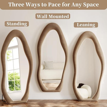 Full Length Mirror, 71"x30" Full Body Mirrors, Flannel Floor Mirrors with Stand, Irregular Wavy Mirror Hanging or Leaning Against Wall for Bedroom Living Room, Brown