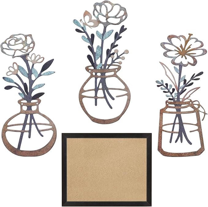 Lcaughsy Metal-Wall-Decor Living Room - 3 Pcs Metal Bathroom Wall Art Floral Vase and Picture Frame for Decoration- Hanging Display Wall Decor Art for Home Dining Room Bedroom Kitchen Farmhouse,Brown