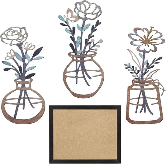 Lcaughsy Metal-Wall-Decor Living Room - 3 Pcs Metal Bathroom Wall Art Floral Vase and Picture Frame for Decoration- Hanging Display Wall Decor Art for Home Dining Room Bedroom Kitchen Farmhouse,Brown