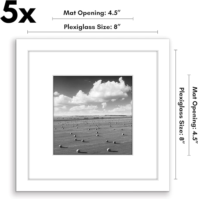 Americanflat 8x8 Picture Frame with Polished Plexiglass - Set of 5 - Use as 5x5 Frame with Mat or Display 8x8 Photo Without Mat - Galleria Collection - Square Frames for Tabletop and Wall - White