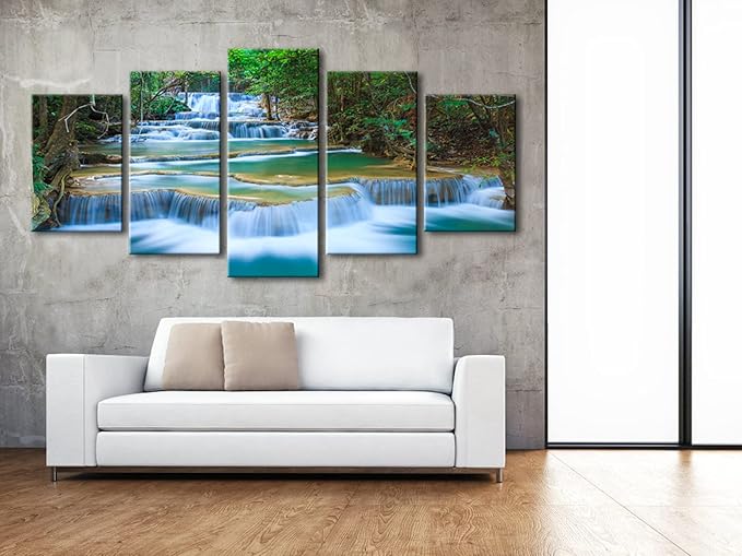 Wieco Art 5 Panels Peaceful Waterfall Giclee Canvas Prints Wall Art Paintings for Wall Decor Dining Room Kitchen Extra Large Modern Gallery Wrapped Artwork Green Landscape Pictures on Canvas XL