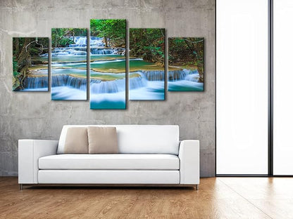 Wieco Art 5 Panels Peaceful Waterfall Giclee Canvas Prints Wall Art Paintings for Wall Decor Dining Room Kitchen Extra Large Modern Gallery Wrapped Artwork Green Landscape Pictures on Canvas XL