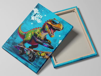 12x16 Graffiti Blue Skateboard T-Rex Dinosaur Canvas Wall Art Prints, Framed Watercolor Animal Pop Cool Painting, Funny Kids & Teen Boy Bedroom Decor, Home Bathroom Living Room Wall Poster Gift