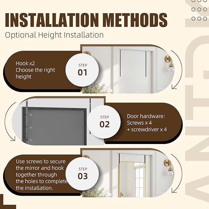Antok Over The Door Mirror Full Length, 58'' x 21''Wall Mounted Hanging Mirror, Aluminum Alloy Frame, Shatterproof Glass, No Drill Installation for Bedroom, Closet, Bathroom, Dorm, Round Corner,Black