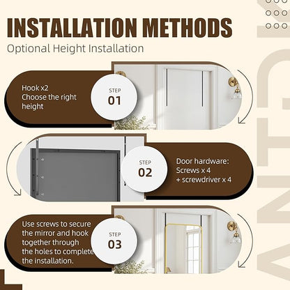 Antok Over The Door Mirror Full Length, 58'' x 21''Wall Mounted Hanging Mirror, Aluminum Alloy Frame, Shatterproof Glass, No Drill Installation for Bedroom, Closet, Bathroom, Dorm, Round Corner,Black