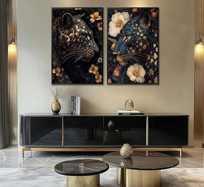 Framed Dark Cheetah Canvas Wall Art Moody Blue and Gold Leopard Wildlife Animal Flower Pictures Painting Wall Decor Poster Print Artwork for Living Room Bedroom Decoration