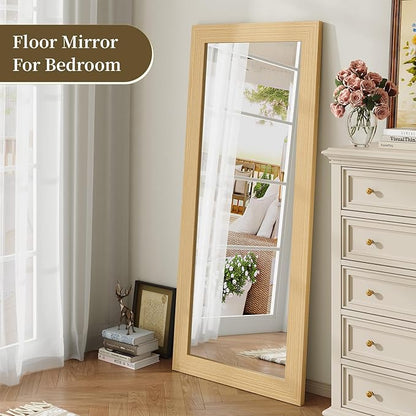 Syndra Modern Full Length Mirror Wood Frame, 65x24'' Large Floor Mirror with HD Tempered Glass & Wall Mount Option, Rectangular Standing Mirror for Bedroom, Living Room, Entryway, Farmhouse(Natural)