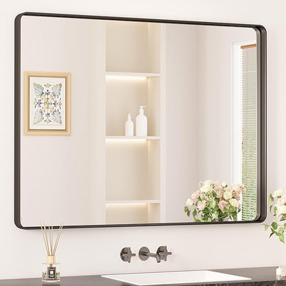 Keonjinn Black Bathroom Mirror for Over Sink, 40 x 30 Inch Rounded Rectangle Vanity Mirror, Sandblasted Finish Matte Black Wall Mirrors, HD Tempered Glass, Anti-Rust Seamless Metal Frame for Restroom