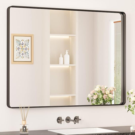 Keonjinn Black Bathroom Mirror for Over Sink, 40 x 30 Inch Rounded Rectangle Vanity Mirror, Sandblasted Finish Matte Black Wall Mirrors, HD Tempered Glass, Anti-Rust Seamless Metal Frame for Restroom