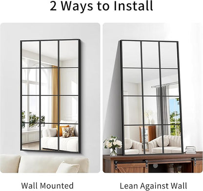 Rectangle Window Mirror Wall Mounted, 30"×55" Window Pane Mirror Wall Decor Metal Framed, Large Black Mirror for Bedroom Living Room Fireplace Entryway Hanging or Leaning Against Wall