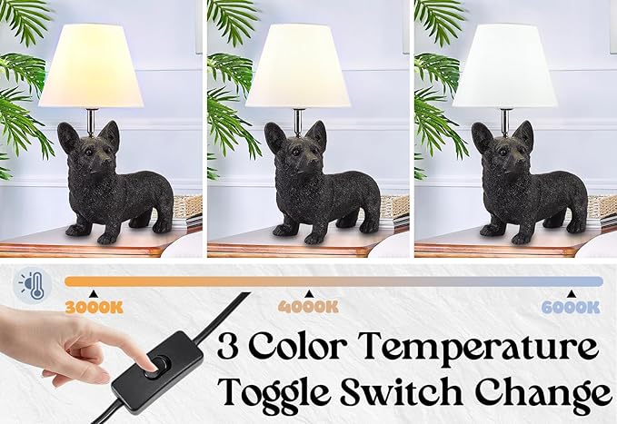 Black Corgi Table Lamp Modern Resin Puppy Desk Lamp Aesthetic Linen Bedside Lamp for Night Stands Living Room Bedroom Corner Kid’s Room Decor