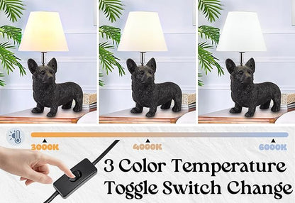 Black Corgi Table Lamp Modern Resin Puppy Desk Lamp Aesthetic Linen Bedside Lamp for Night Stands Living Room Bedroom Corner Kid’s Room Decor