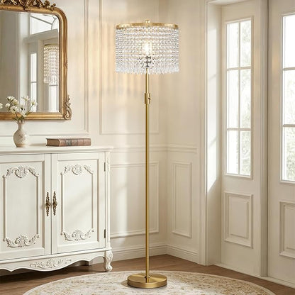 【Upgraded】 Dimmable Crystal Floor Lamps for Living Room, 1000LM LED Bulb Included, Standing Lamp with Knob Switch, Tall Gold Pole Light for Bedroom Nursery Office Corner Reading