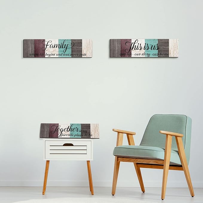 3 Pieces Family Wooden Sign This Is Us Sign Rustic Wooden Family Home Decor Together Hanging Wall Decorations for Living Room Kitchen Bedroom Laundry Bathroom Warming(Dark Brown, Red, Beige, Blue)