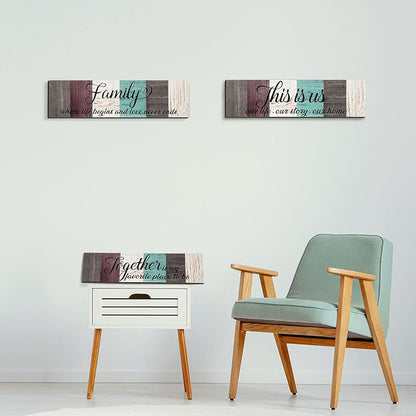 3 Pieces Family Wooden Sign This Is Us Sign Rustic Wooden Family Home Decor Together Hanging Wall Decorations for Living Room Kitchen Bedroom Laundry Bathroom Warming(Dark Brown, Red, Beige, Blue)