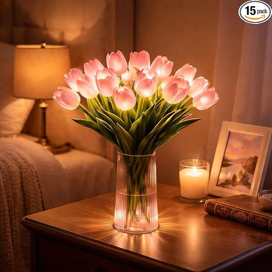Radiant Romantic Tulip Light, 15-Piece Twinkling Tree Tulip LED Night Light, Flower-Shaped Ambient Night Lamp, Never-Fade Flower Ambient Lamp, PU Material, for Bedroom, Pink (Excluding Vase)