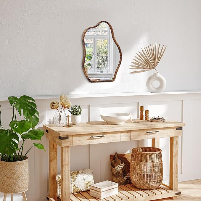 Small Asymmetrical Irregular Wall Mirror Wood Frame Mirror Unique Modern Wall-Mounted Artistic Cloud Shape Mirror Decor for Bathroom Bedroom Living Room Entryway Hallway Vanity