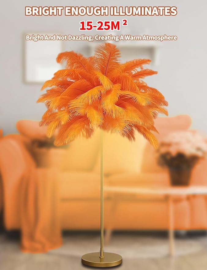 Feather Floor Lamp,Fluffy Ostrich Feather Floor Lamp for Bedroom,3 Color Temperatures Led Corner Modern Floor Lamps for Living Room Christmas Home Decor House Warming Gifts,63″ Height (Orange)
