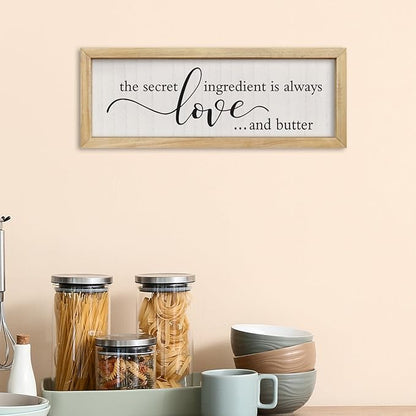 comurdyo Kitchen Wall Decor Simple The Secret Ingredient Is Always Love and Butter Sign 16"×6" Small Modern Farmhouse Dining Room Family Horizontal Hanging Wall Art (Wood)