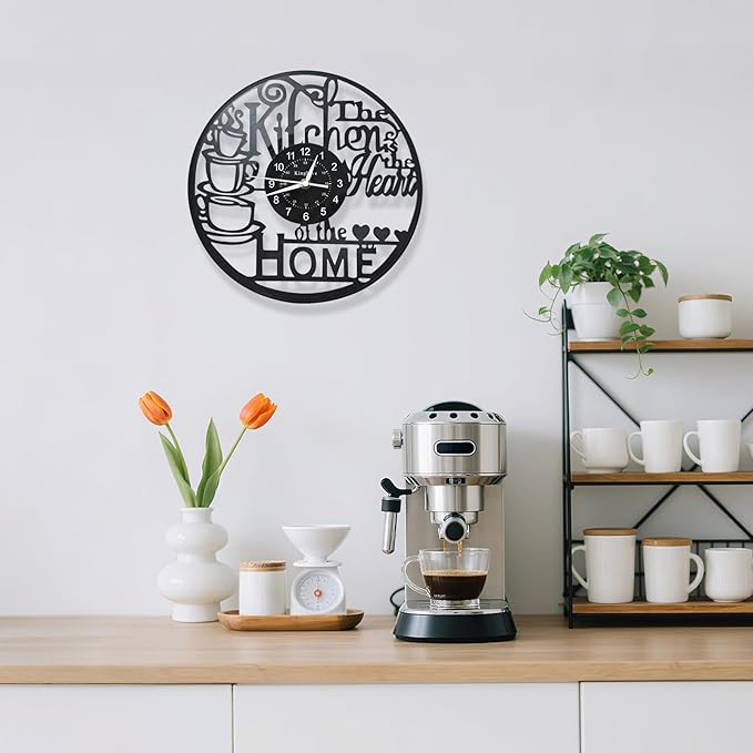 KingLive 12 Inch Kitchen Clocks Vinyl Record Clock, Creative Kitchen Home Decor, Coffee Wall Decor Theme for Restaurant Café, Gift for Women Wives(Black Coffee Cup)