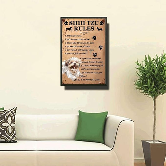 Metal Sign Tin Sign Vintage Wall Art Shih Tzu Rules Tin Signs for Women for Restaurant 12×16 Inches with Metal Frame