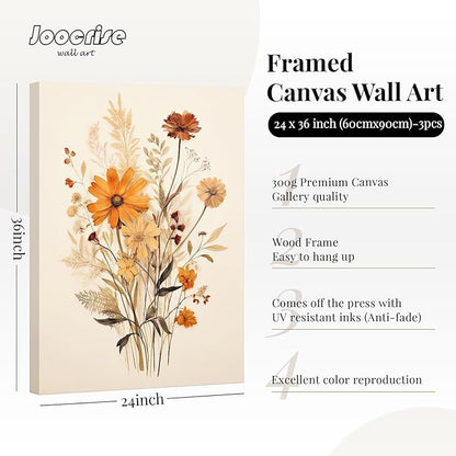Botanical Floral Wall Art Set of 3 Vintage Wildflower Canvas Wall Decor Watercolor Rustic Farmhouse Wall Art Aesthetic Botanical Pictures Vintage Floral Prints for Bedroom 24x36 Inch Ready to Hang