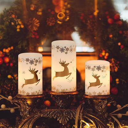 Gold Deer Flameless Flickering Candles Battery Operated with 6H Timer, 3 Pack Real Wax Warm Light LED Pillar Candles Dinner Tabletop Holiday Centerpiece Decor 3" x 6"