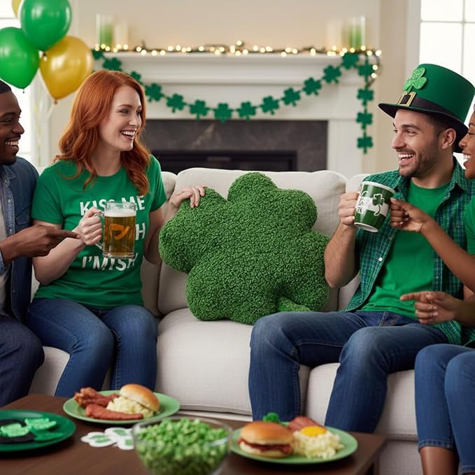 Geelin 16'' St Patrick's Day Pillow Large Green Shamrock Shaped Plush Soft Throw Pillows Fur Stuffed Four Leaf Irish Clover Cushion Saint Patrick's Day Decoration for Irish Couch Sofa Bedroom Decor