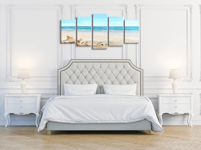 Pyradecor Seashell 5 panels Seascape Canvas Prints Landscape Pictures Paintings Modern Stretched Canvas Wall Art Sea Beach Pictures Artwork for Home Decor